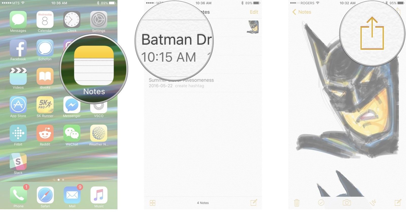 Запустите заметки на главном экране, нажмите на кнопку, которую вы не хотите открывать, а затем нажмите на кнопку &laquo;Поделиться&raquo;.