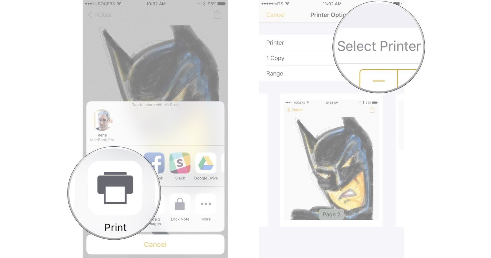 Нажмите на &laquo;Печать&raquo;, а затем нажмите на выбор принтера.