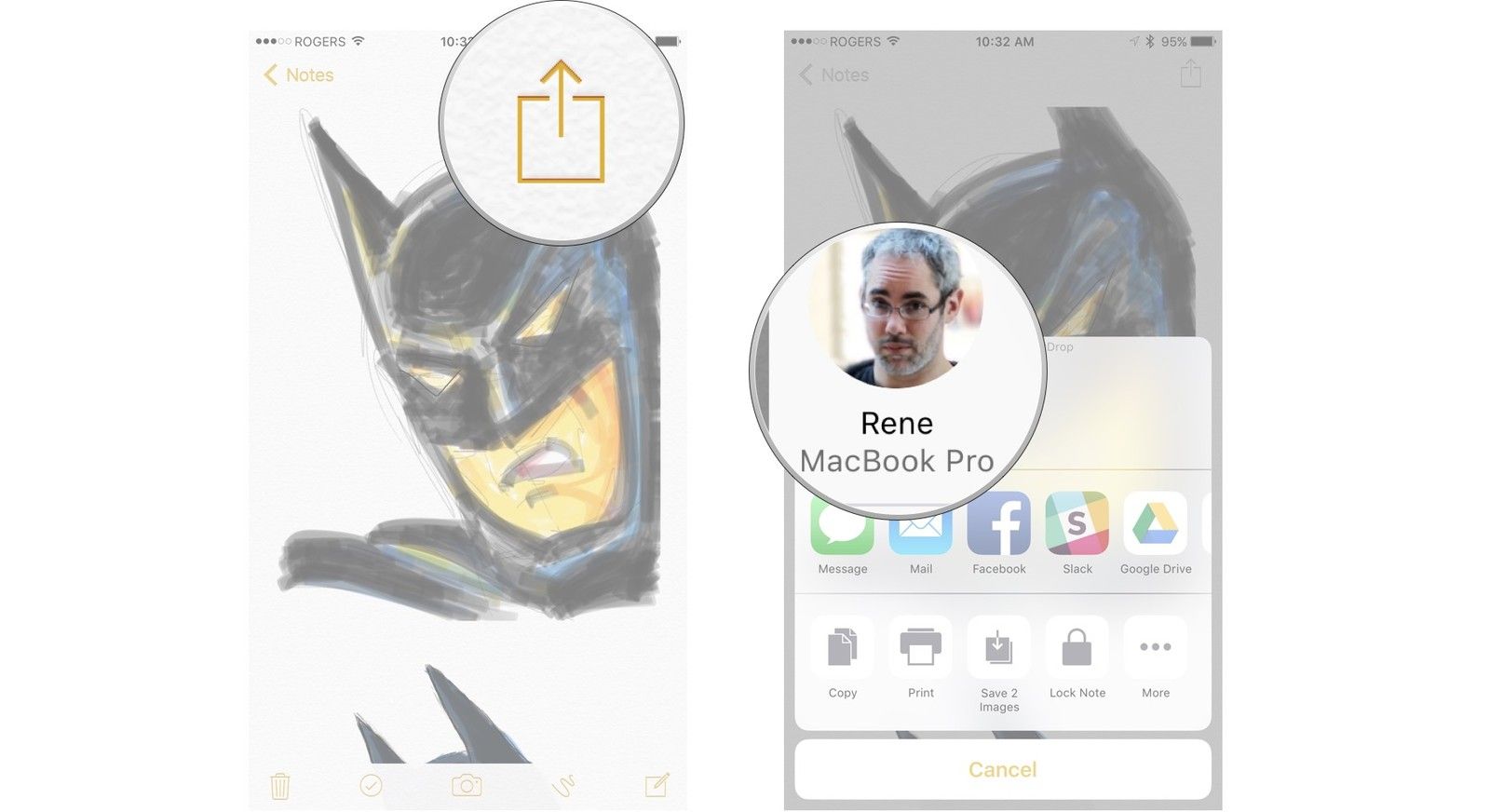 Нажмите на кнопку &laquo;Поделиться&raquo;, а затем нажмите на нужный контакт AirDrop.