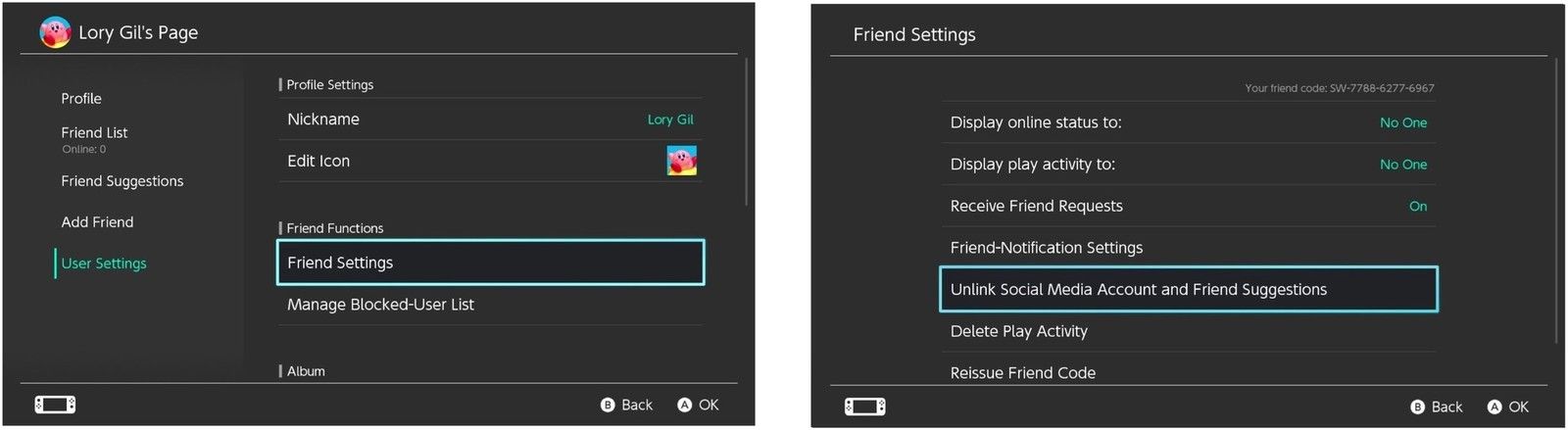 Настройки друга, затем выберите Unlink