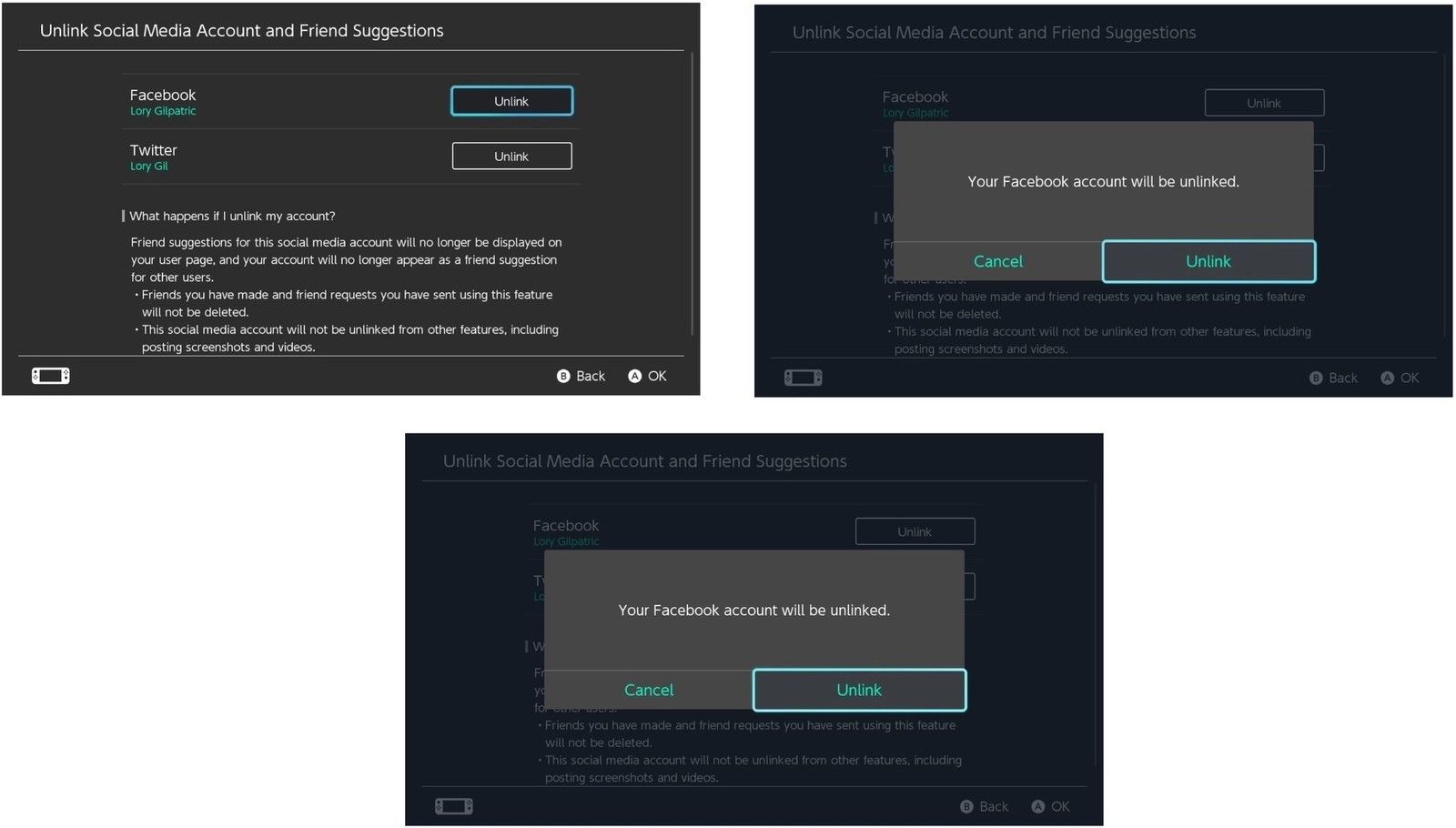 Выберите Facebook, чтобы отменить связь