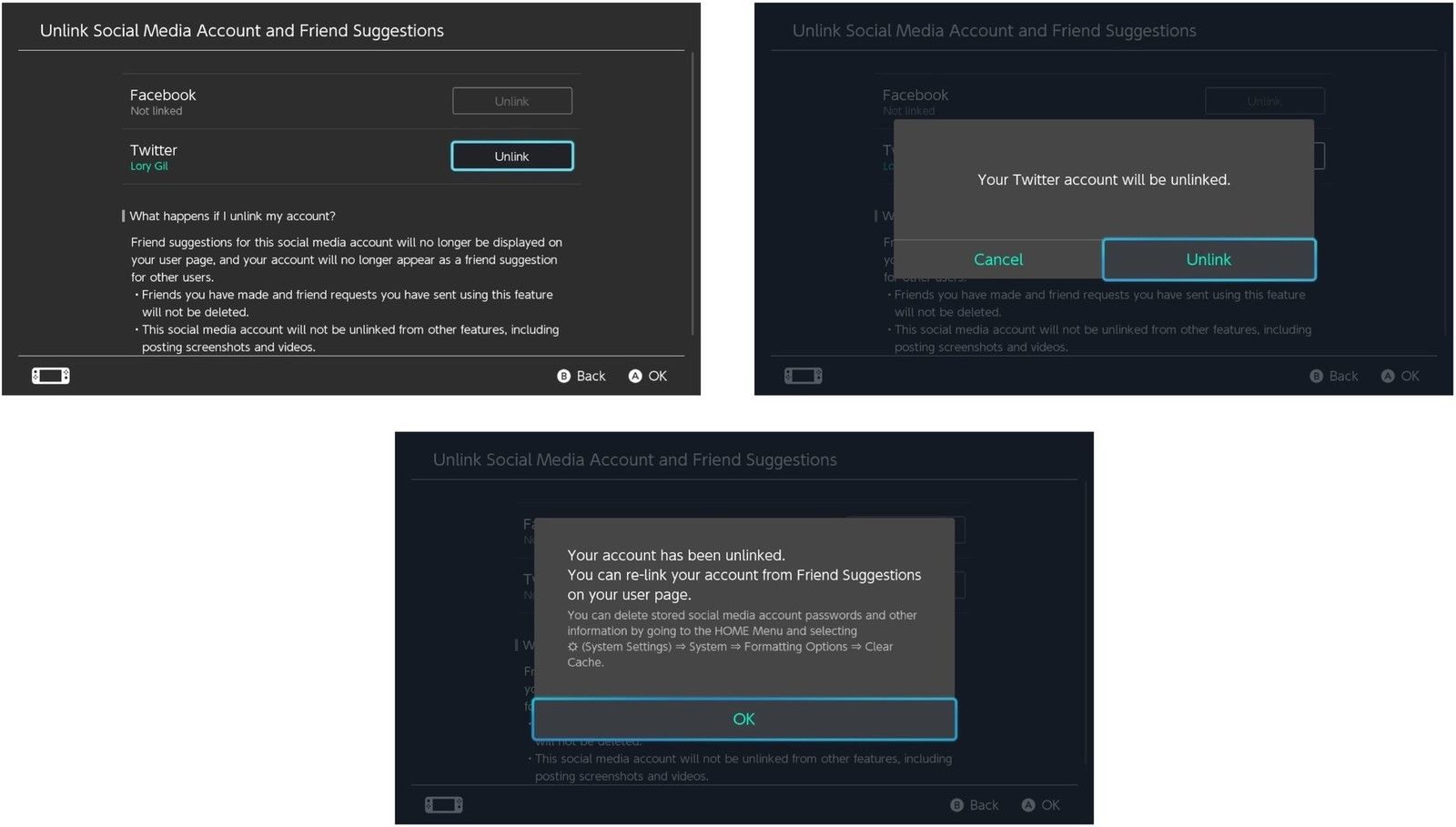 Выберите Twitter, чтобы отменить связь