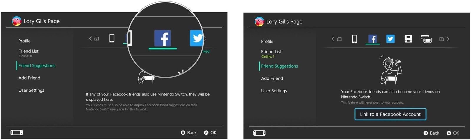 Выберите Facebook, затем выберите Link Account