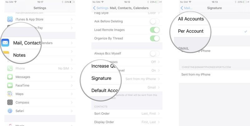 Нажмите «Почта», «Контакты», «Календари», нажмите «Подпись», нажмите «Учетная запись».