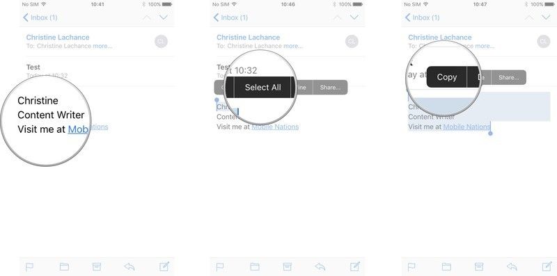 Нажмите и удерживайте подпись, нажмите «Выбрать все», нажмите «Копировать»