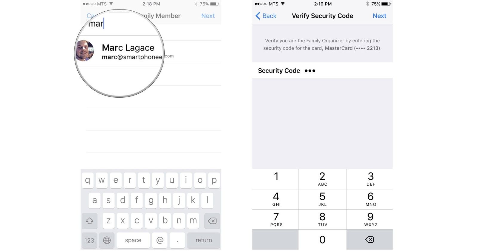 Начните печатать кого-то's name, tap it, enter the security code for the credit card on file.