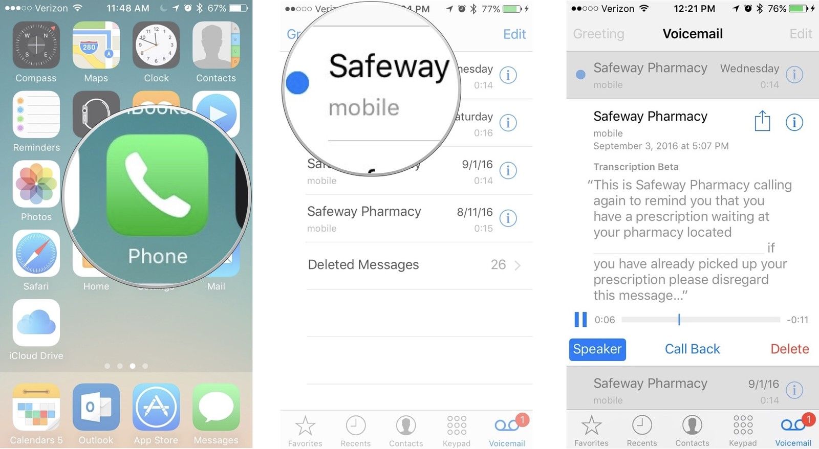 Просмотр стенограммы голосовой почты на iPhone