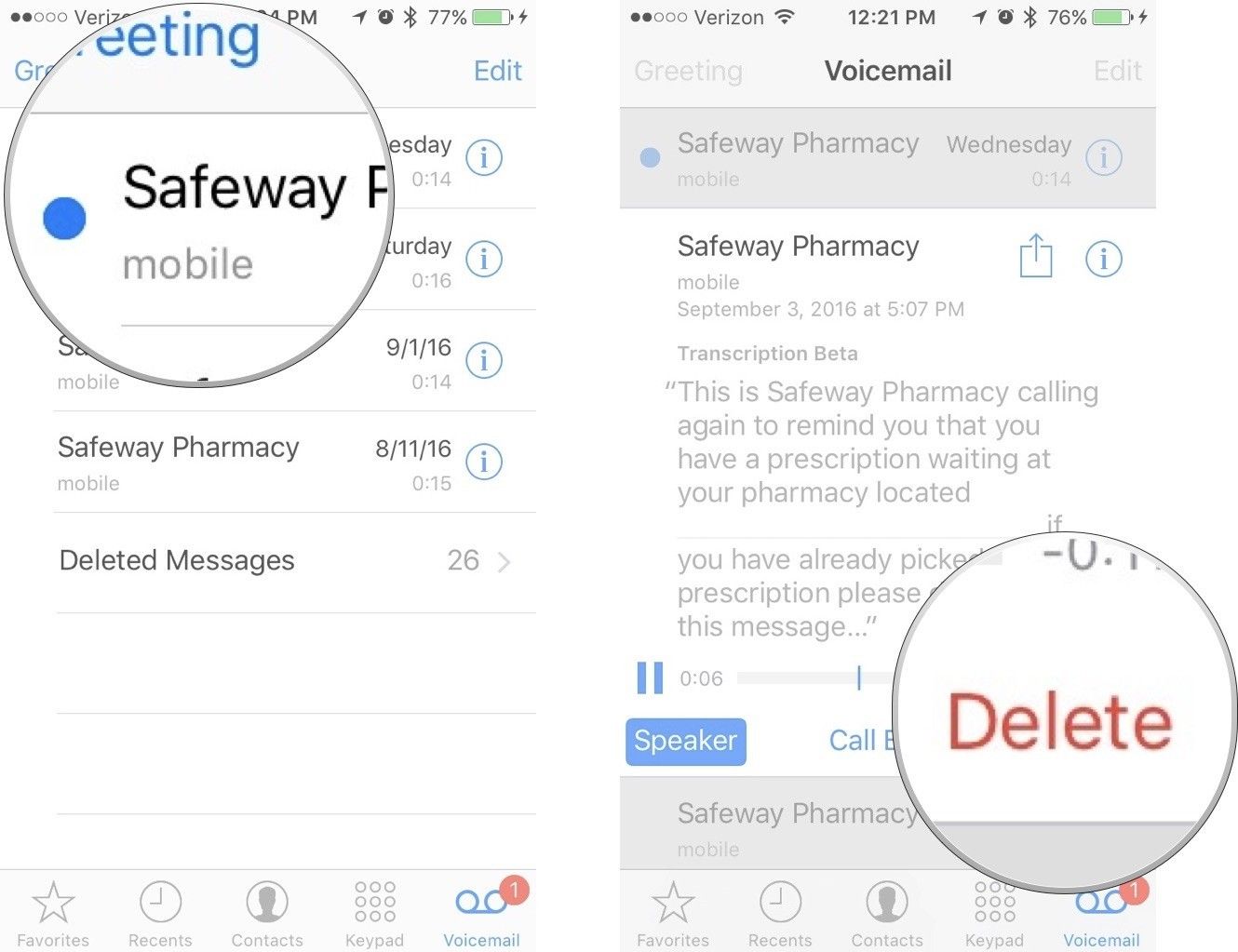 Удаление сообщения голосовой почты на iPhone