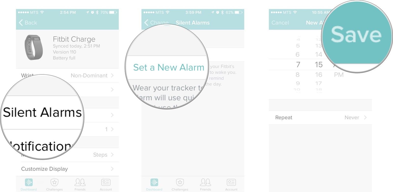 Нажмите на кнопку тихих будильников, нажмите на кнопку «Установить новый будильник», настройте будильник по своему вкусу, а затем нажмите на кнопку «Сохранить».