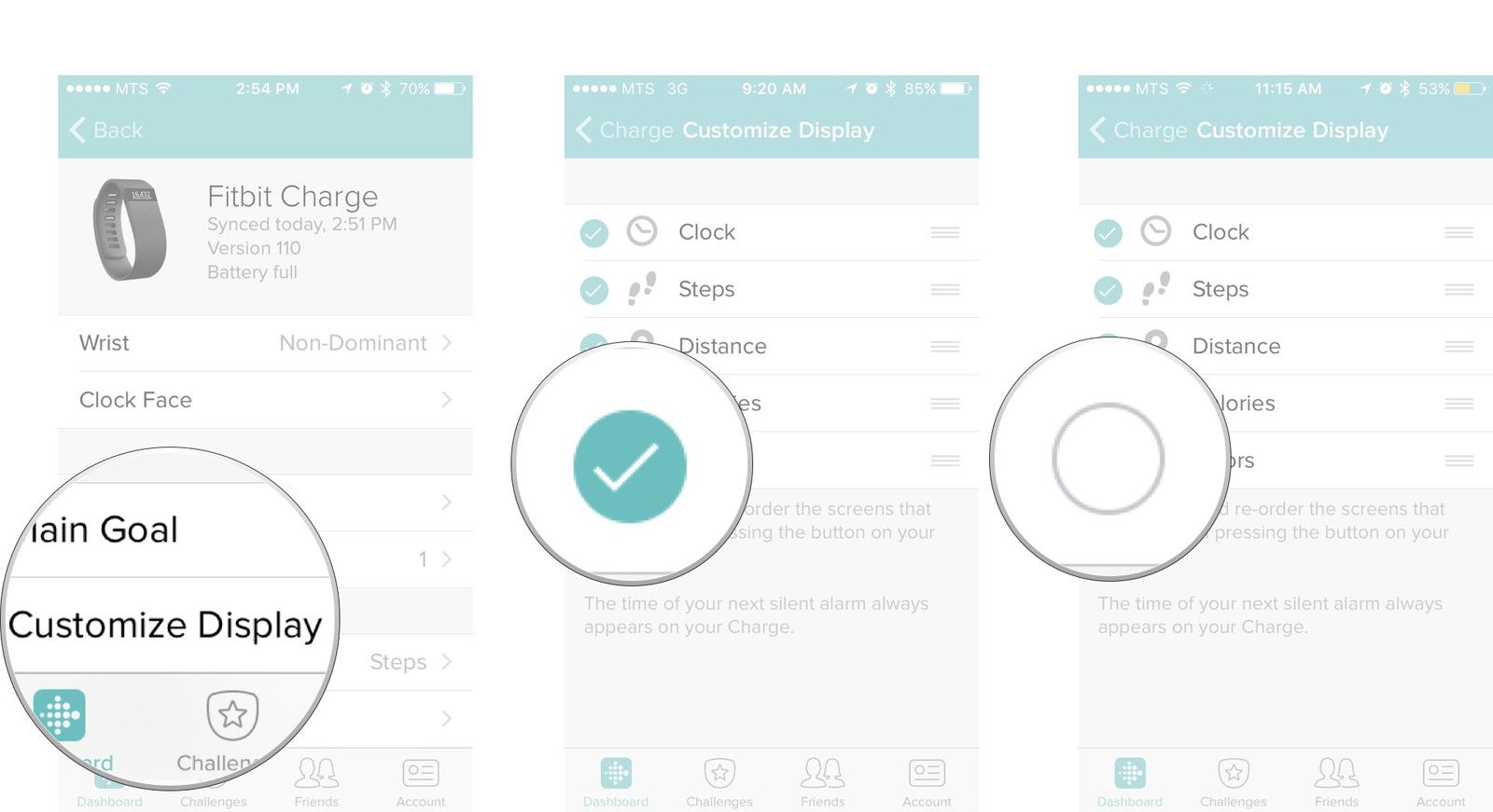 Нажмите на кнопку настройки отображения, а затем нажмите отмеченные круги, чтобы включить или отключить активность.