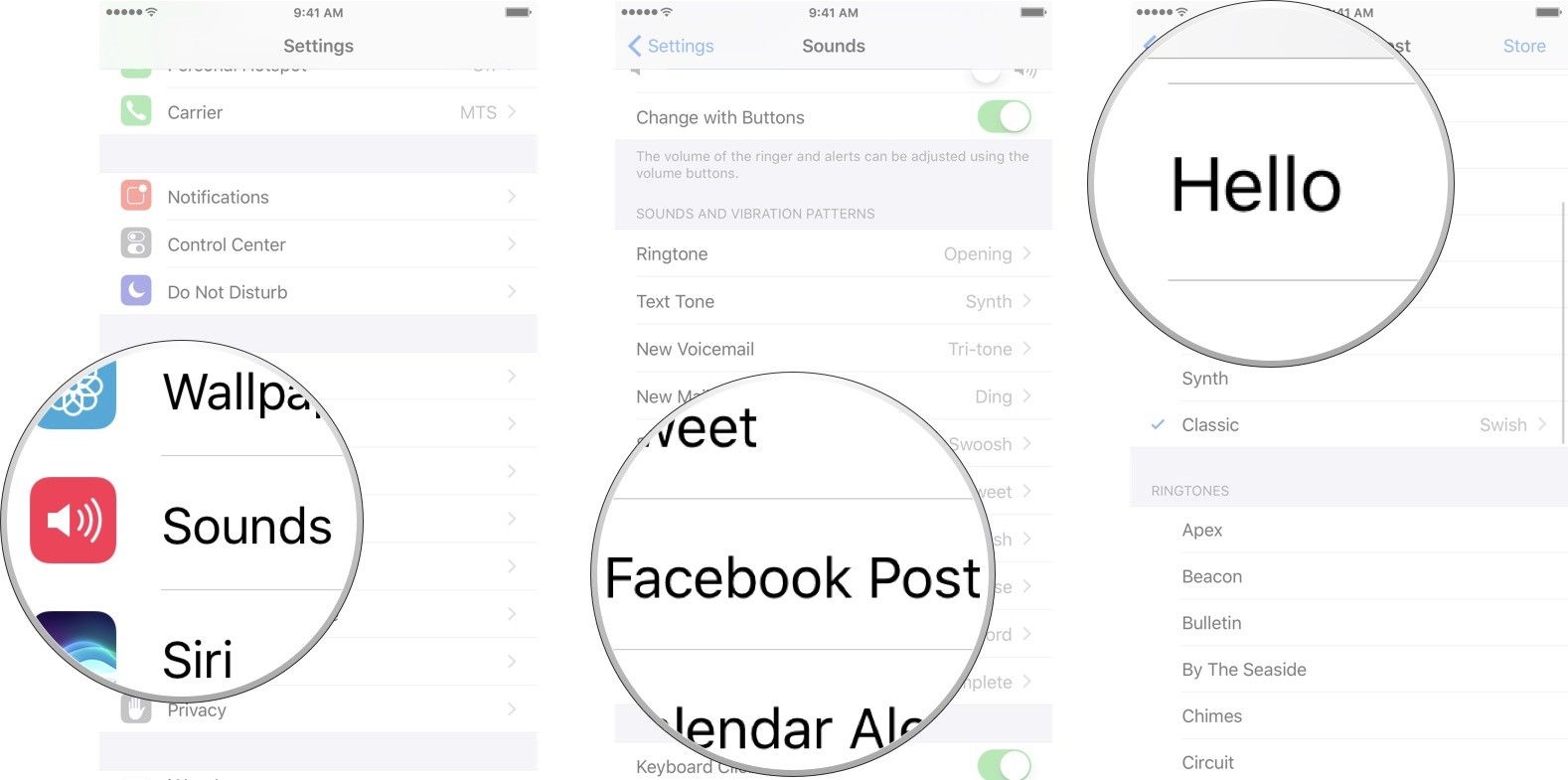 Запустите приложение «Настройки», коснитесь звуков, коснитесь сообщения Facebook, а затем коснитесь нужного звука.