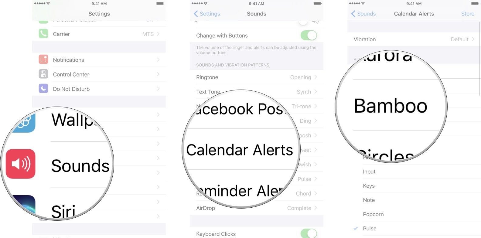 Запустите приложение «Настройки», коснитесь звуков, коснитесь оповещений календаря, а затем коснитесь нужного звука.