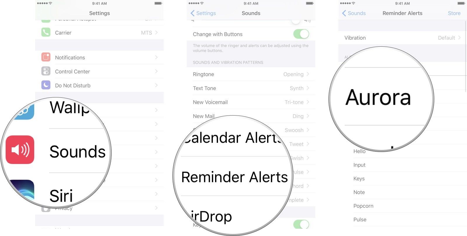 Запустите приложение «Настройки», нажмите звуки, нажмите напоминания, а затем нажмите на нужный звук.