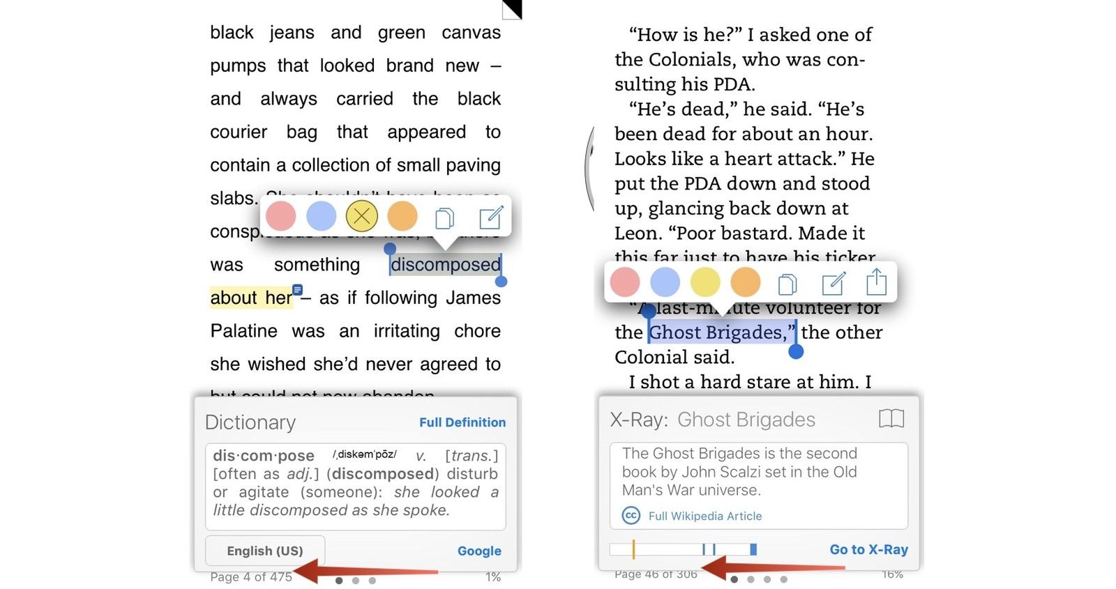 Функция словаря в приложении Kindle