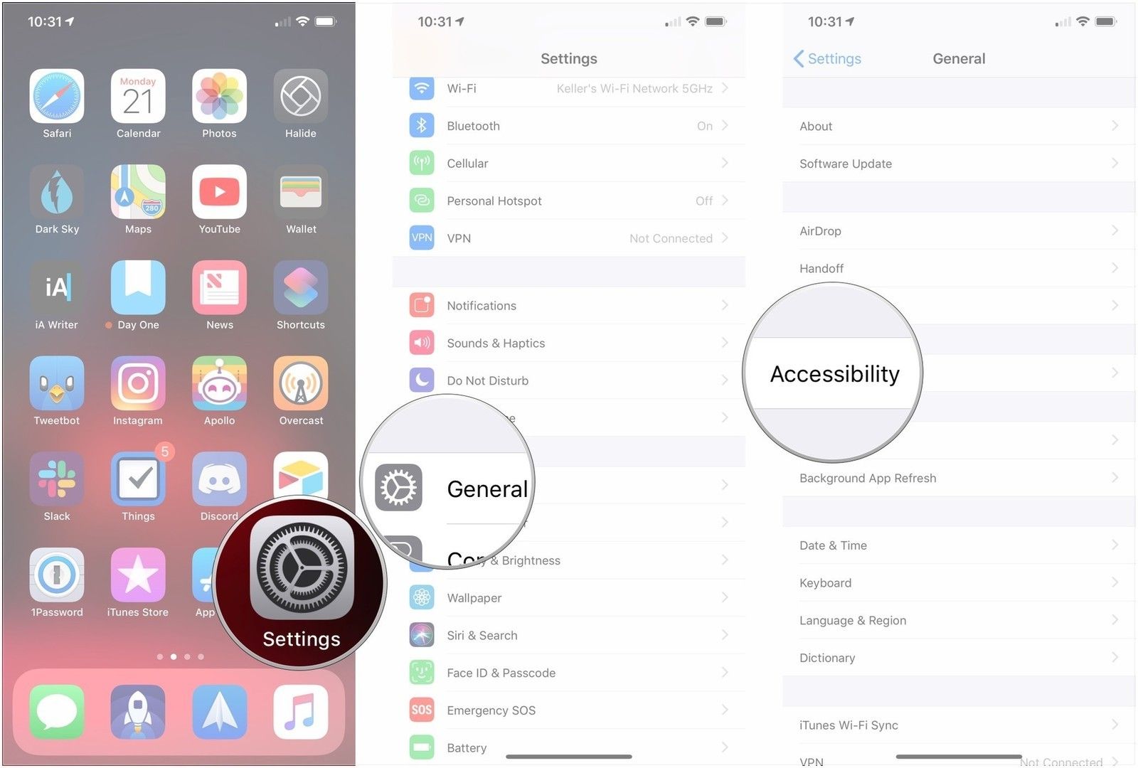 Откройте Настройки, нажмите Общие, нажмите Доступность