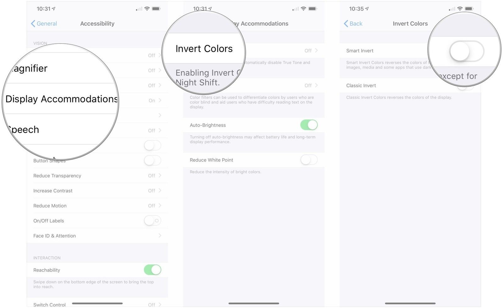 Нажмите Показать размещение, нажмите «Инвертировать цвета», нажмите «Умный» переключатель.