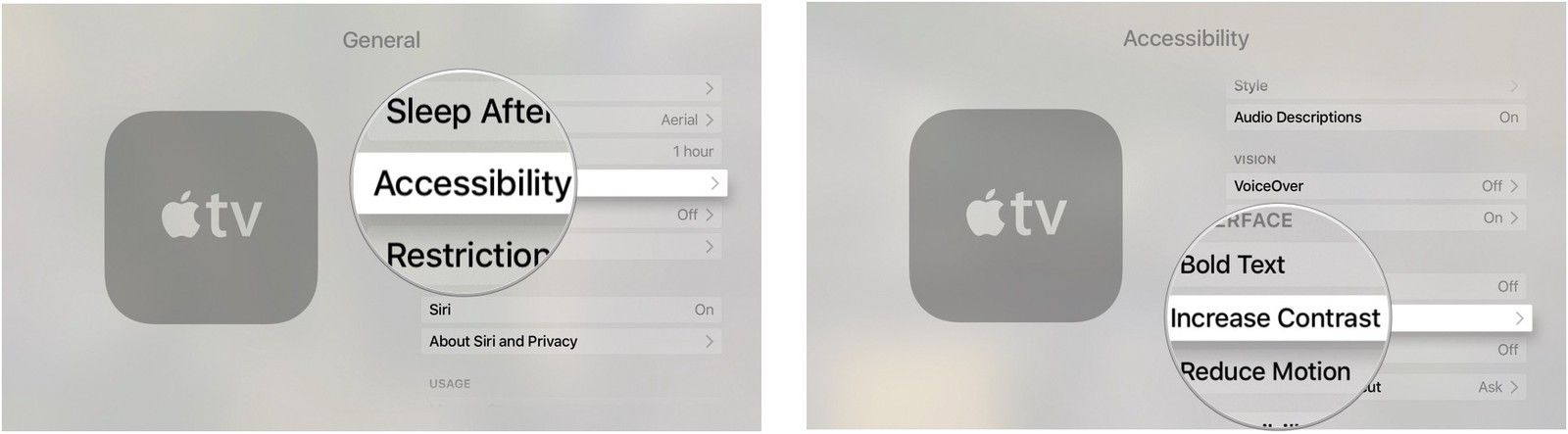 Увеличение контраста на Apple TV