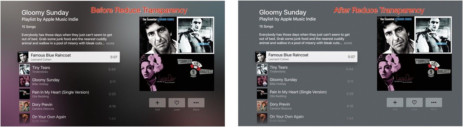 Уменьшить прозрачность сравнения на Apple TV