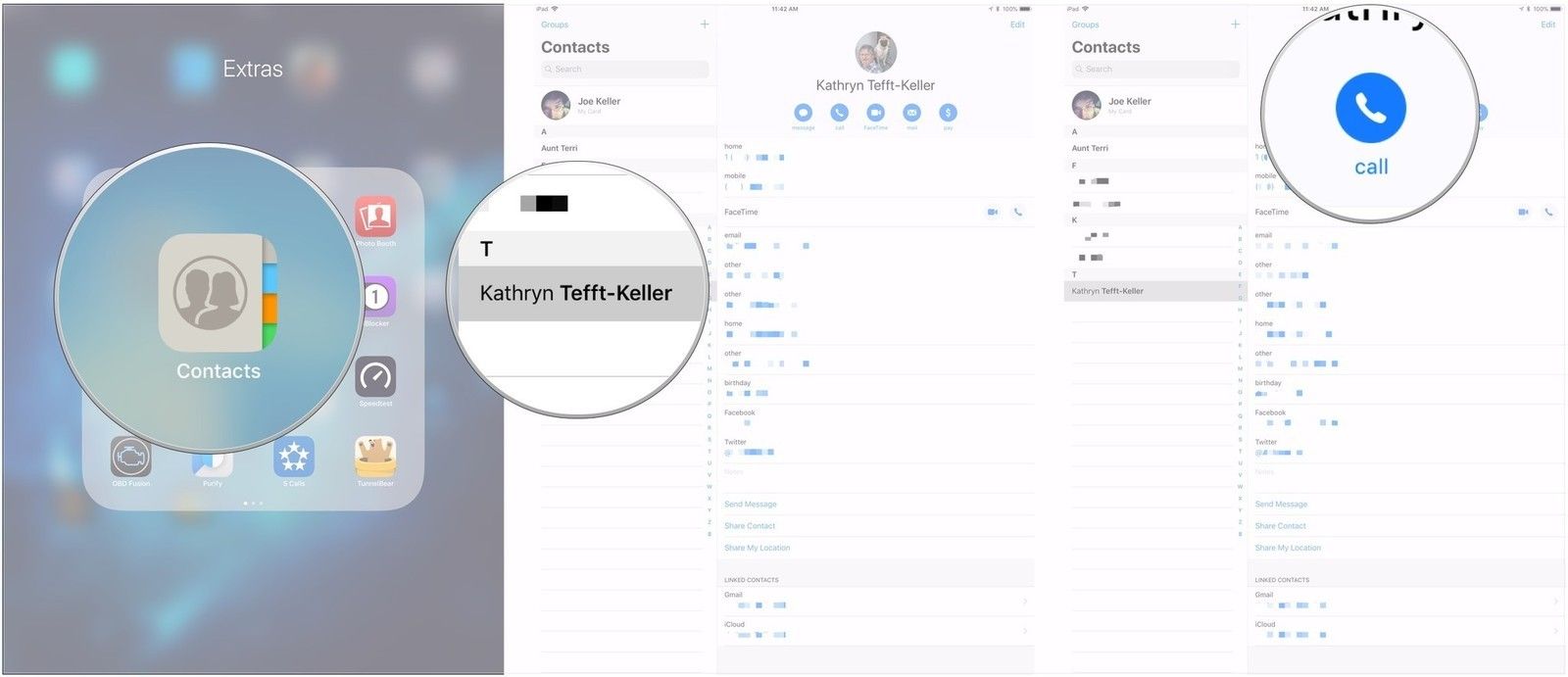 Откройте Контакты, найдите контакт, нажмите кнопку вызова