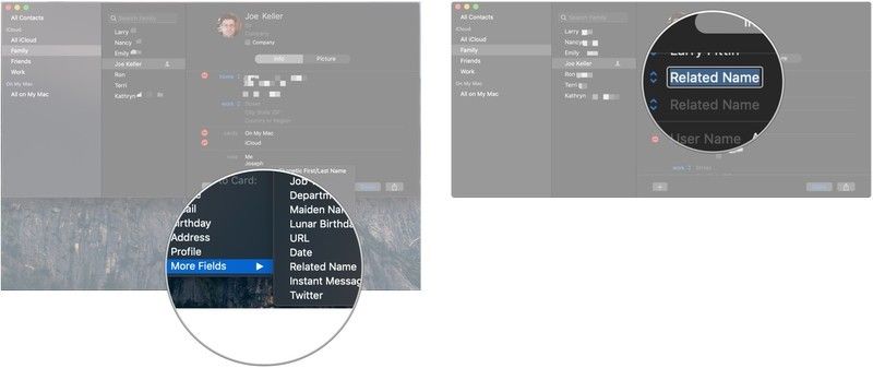 Наведите курсор на дополнительные поля и нажмите Связанное имя, введите имя контакта