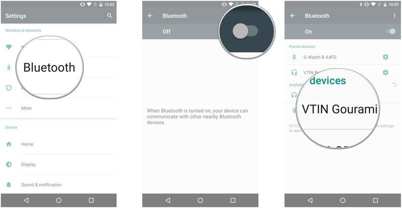 Нажмите Bluetooth, коснитесь переключателя, чтобы включить его, коснитесь наушников в списке доступных устройств.