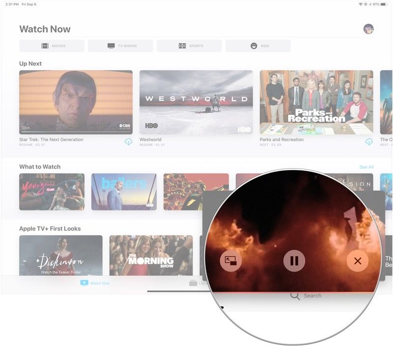 Возврат, воспроизведение / пауза, закрытие