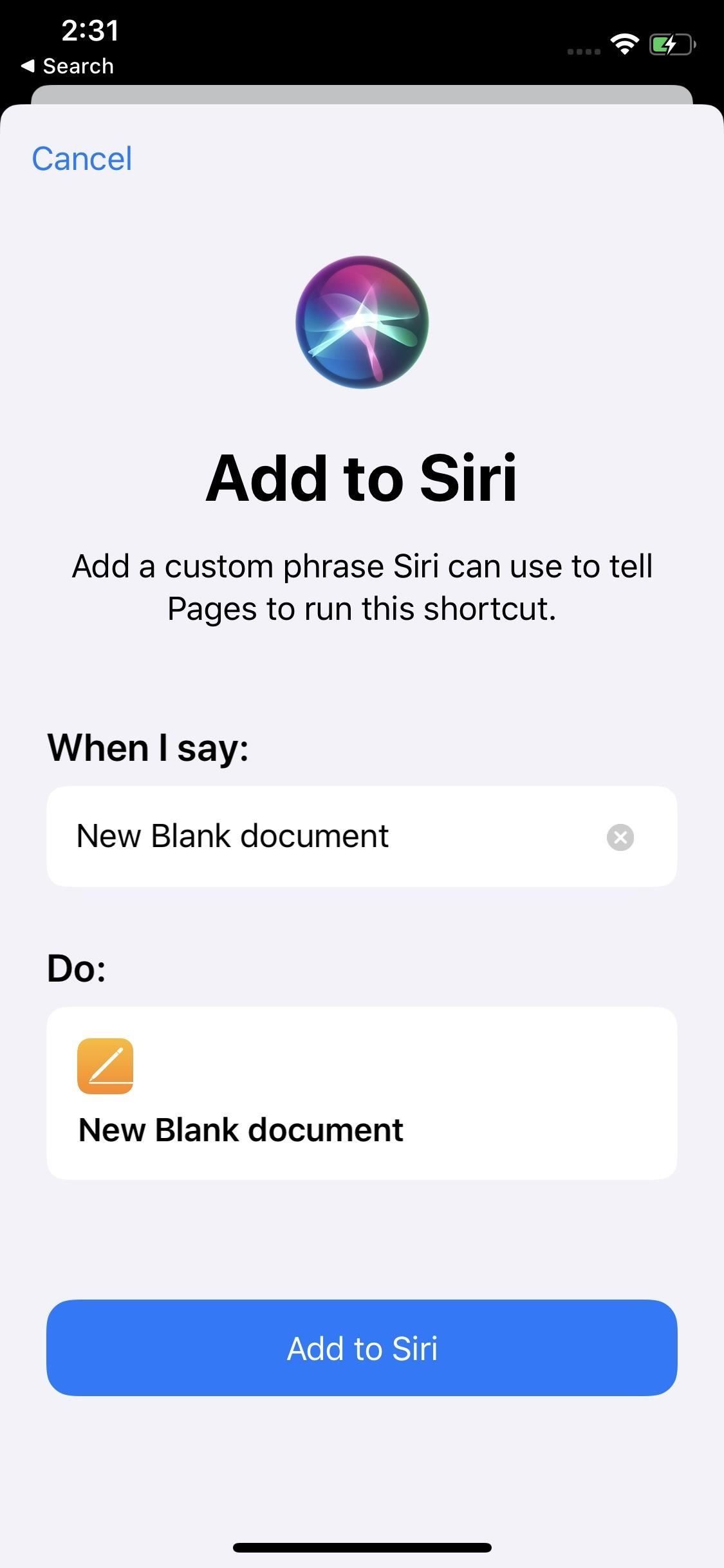 Сделайте так, чтобы Siri запустил новый пустой документ Apple Pages на вашем iPhone