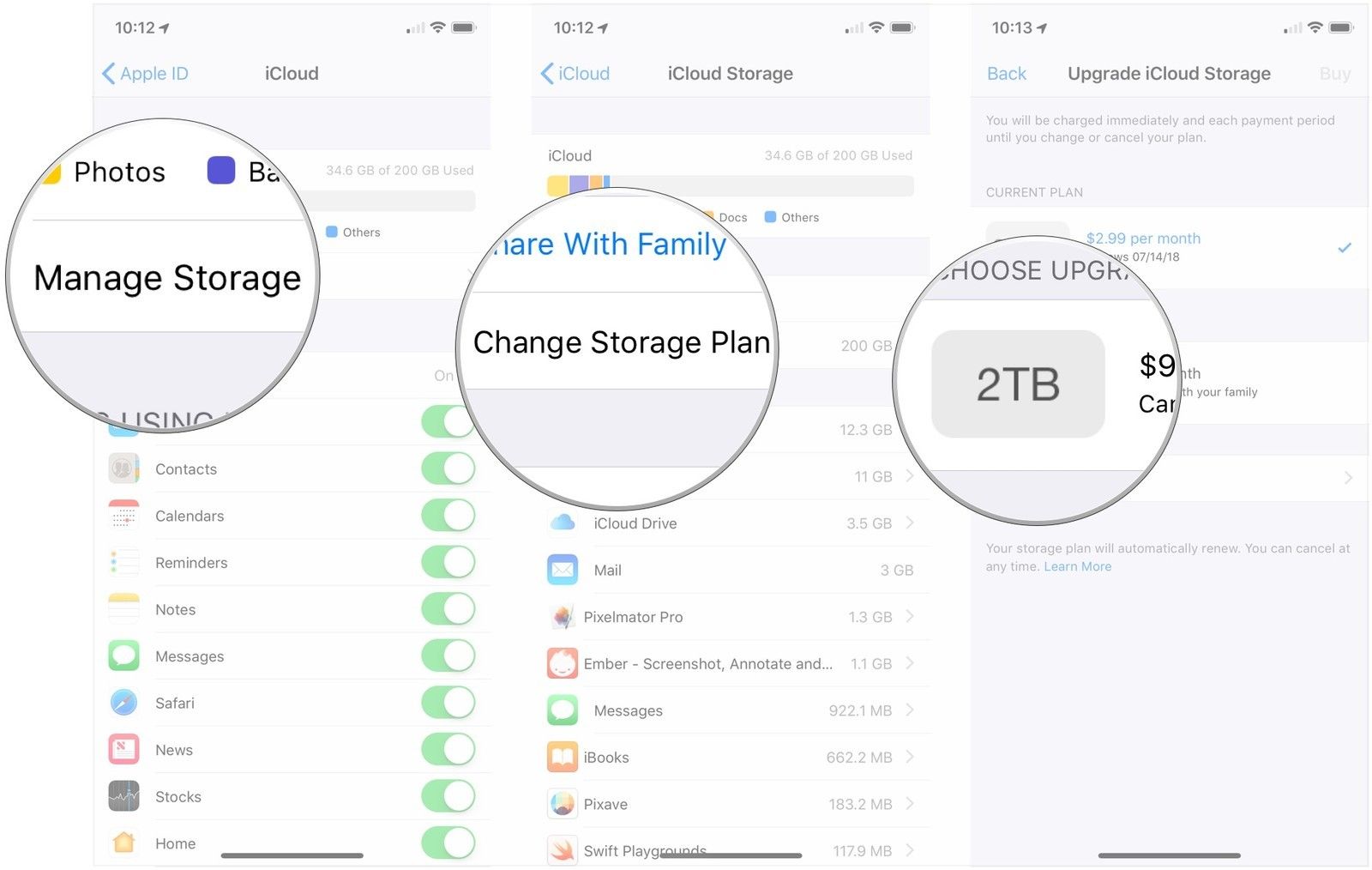 Нажмите «Управление хранилищем», нажмите «Изменить план хранилища», нажмите на план