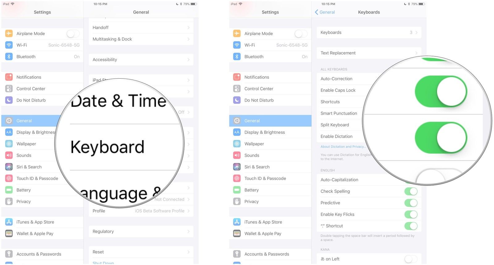 Нажмите Клавиатура, затем включите разделенную клавиатуру.
