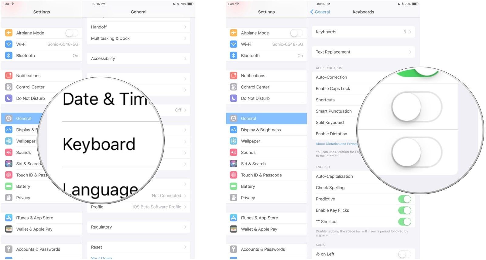 Нажмите «Клавиатура», а затем отключите разделенную клавиатуру.