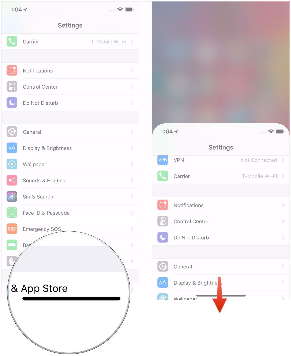 Коснитесь области жестов, проведите пальцем вниз