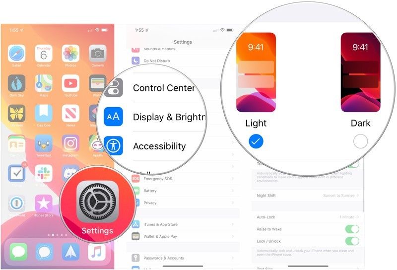 Откройте &laquo;Настройки&raquo;, нажмите &laquo;Дисплей и яркость&raquo;, нажмите &laquo;Светлый&raquo; или &laquo;Темный&raquo;