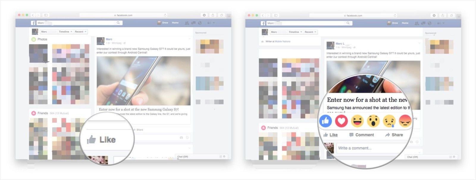 Нажмите и удерживайте кнопку «Нравится» и нажмите на реакцию.