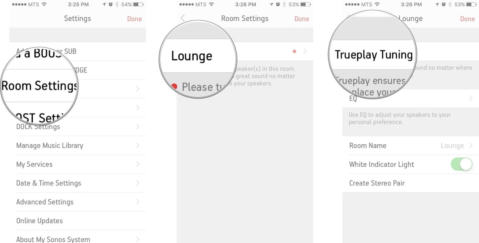 Нажмите на настройки комнаты, нажмите на метку динамика Sonos, который вы хотите настроить, нажмите на настройку Trueplay.