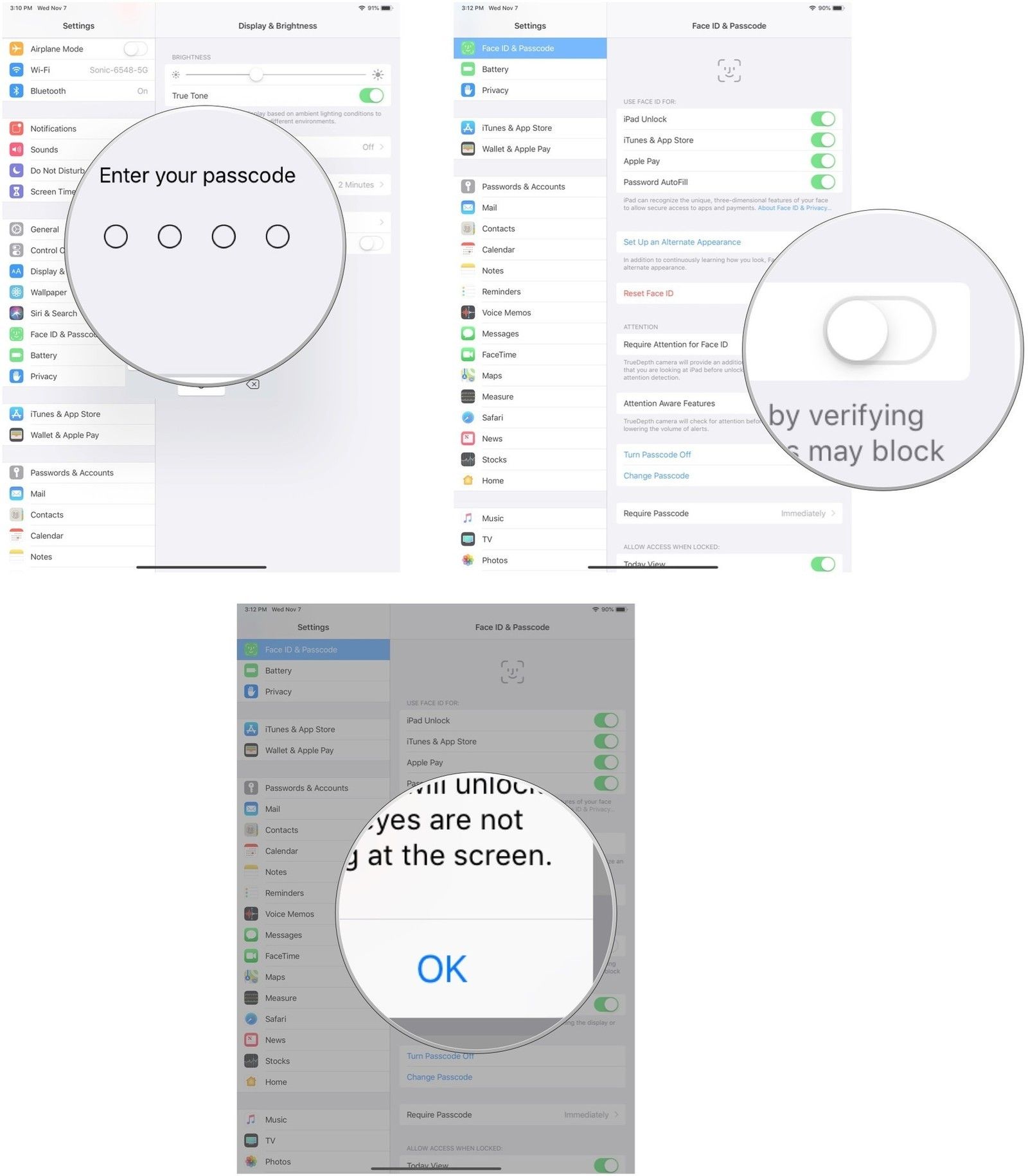 Введите код доступа, затем отключите параметр «Требовать внимания для идентификации лица» и нажмите «ОК».