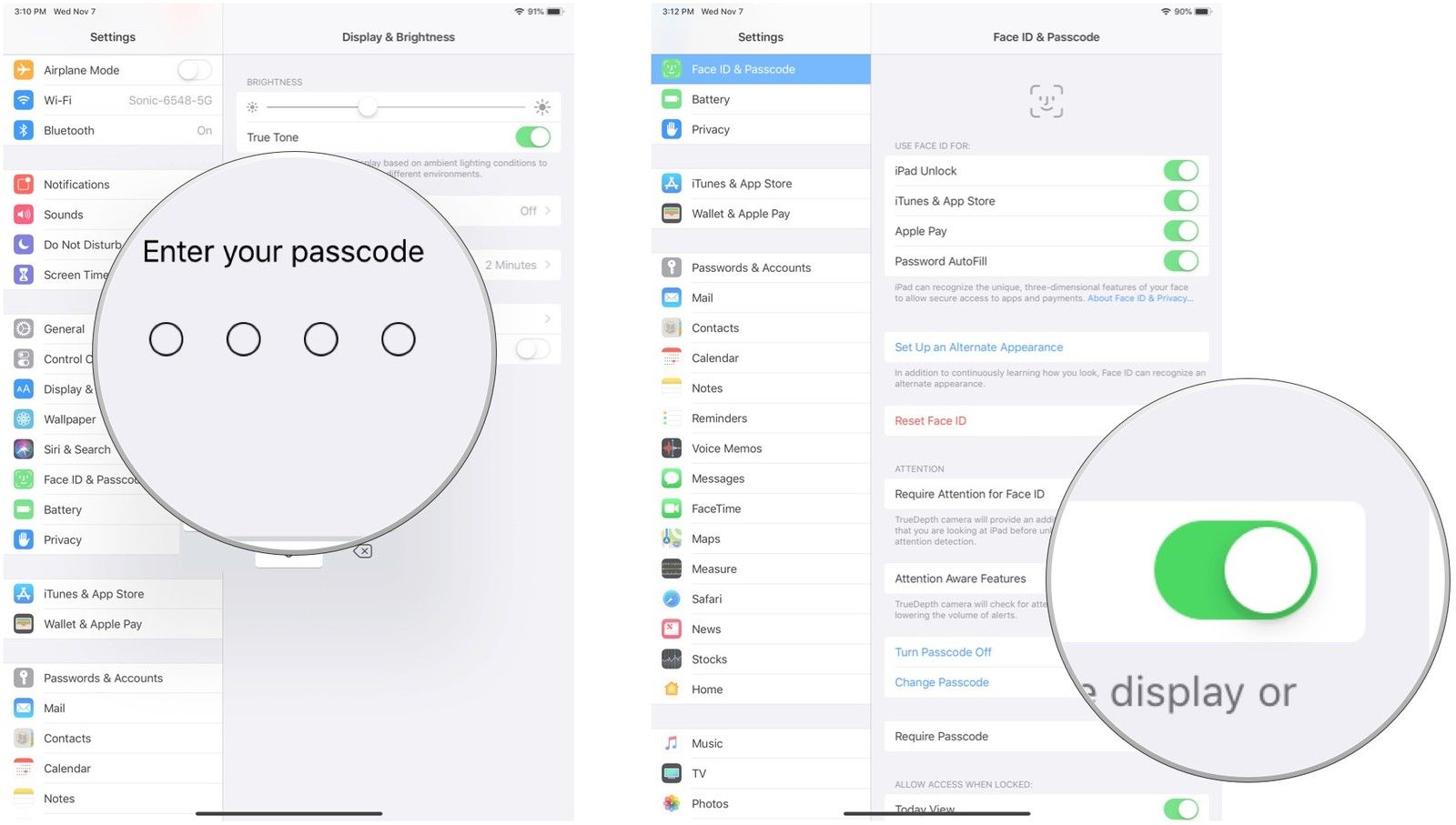 Введите код доступа, затем включите функции «Внимание»