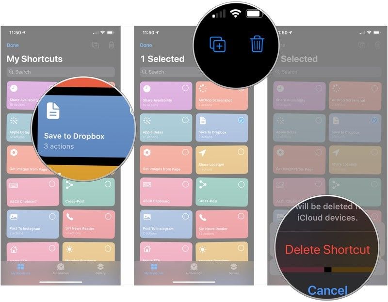 Нажмите ярлыки, нажмите дубликат или кнопку корзины, нажмите Удалить ярлык