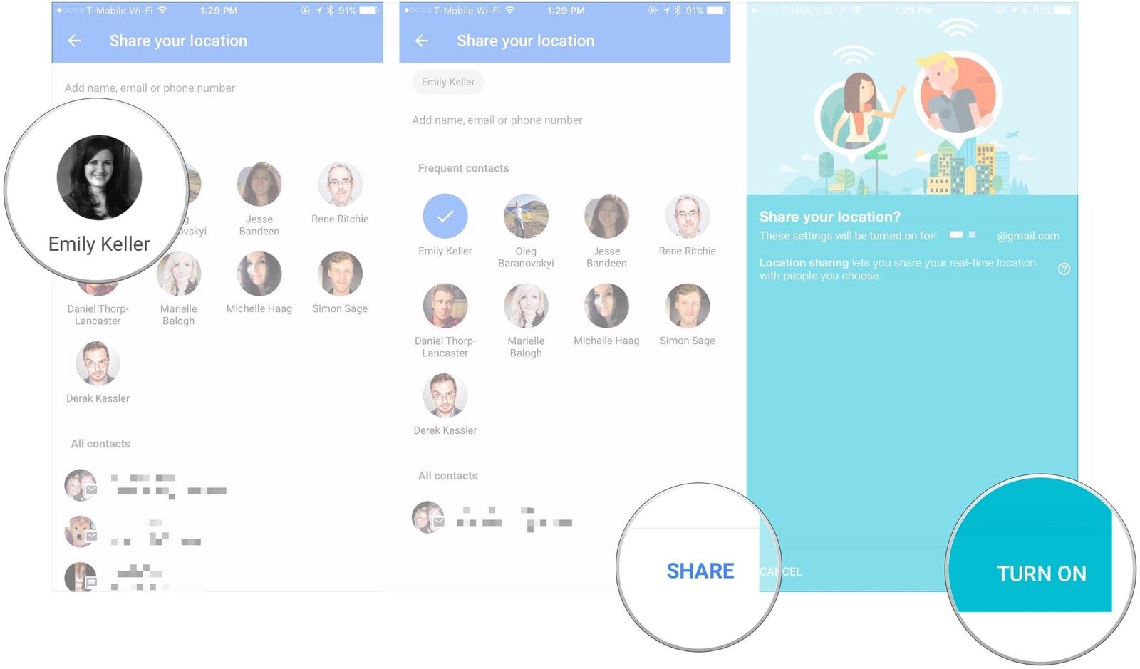 Выберите людей, нажмите «Поделиться», нажмите «Включить»