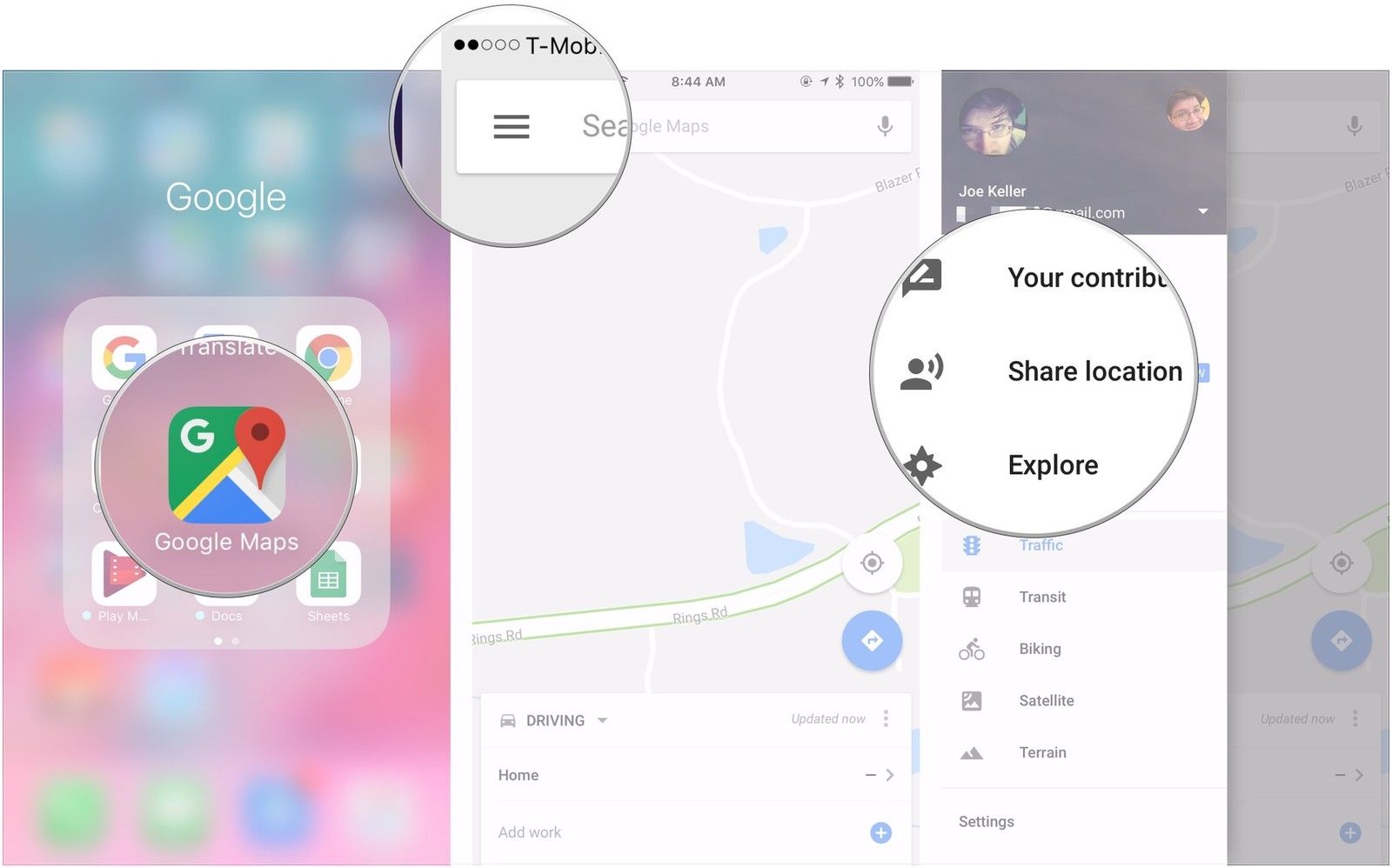 Откройте Google Карты, нажмите «Меню», нажмите «Поделиться местоположением»