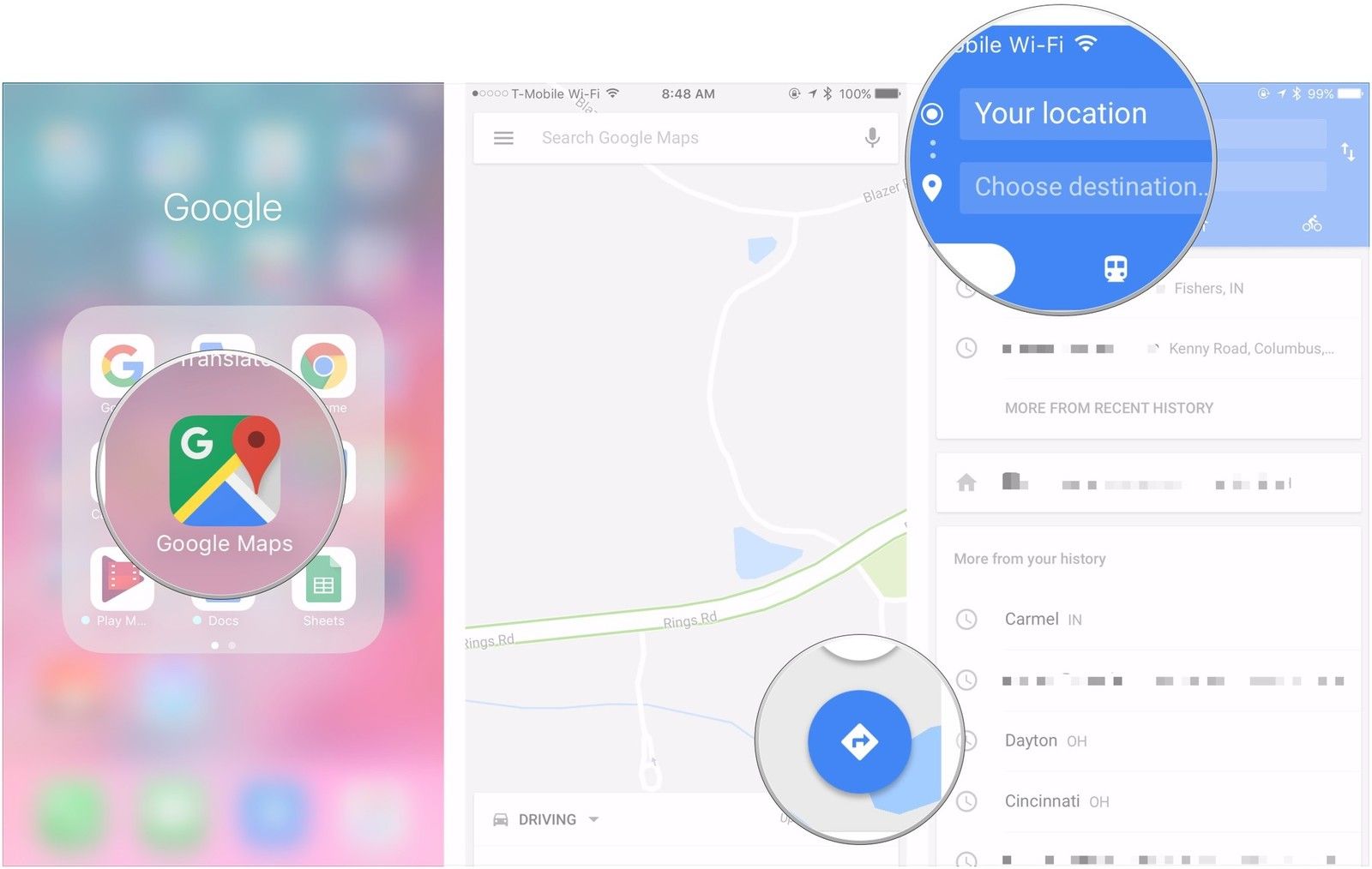 Откройте Google Maps, нажмите кнопку направления, введите начало и пункт назначения