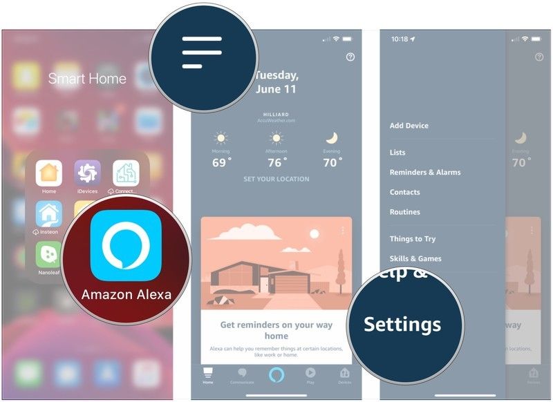 Откройте Alexa, нажмите меню, нажмите Настройки