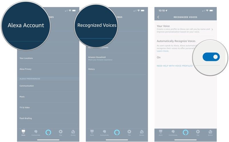 Нажмите на учетную запись Alexa, нажмите Распознанные голоса, нажмите переключатель
