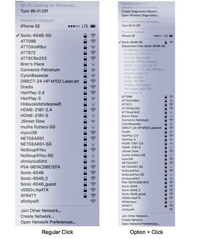 Меню Wi-Fi с и без Option + Click