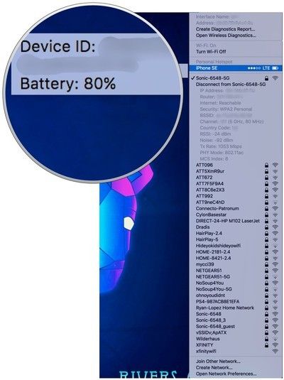Видя твой айфон's battery percentage by holding down Option while clicking the Wi-Fi icon, and then hovering over your iPhone in the Personal Hotspot section