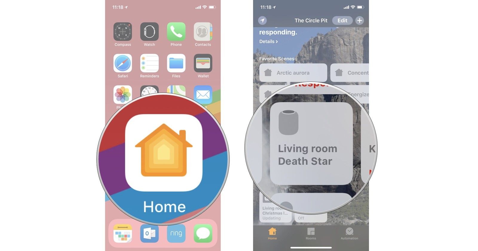 Откройте приложение Home, затем нажмите и удерживайте значок HomePod