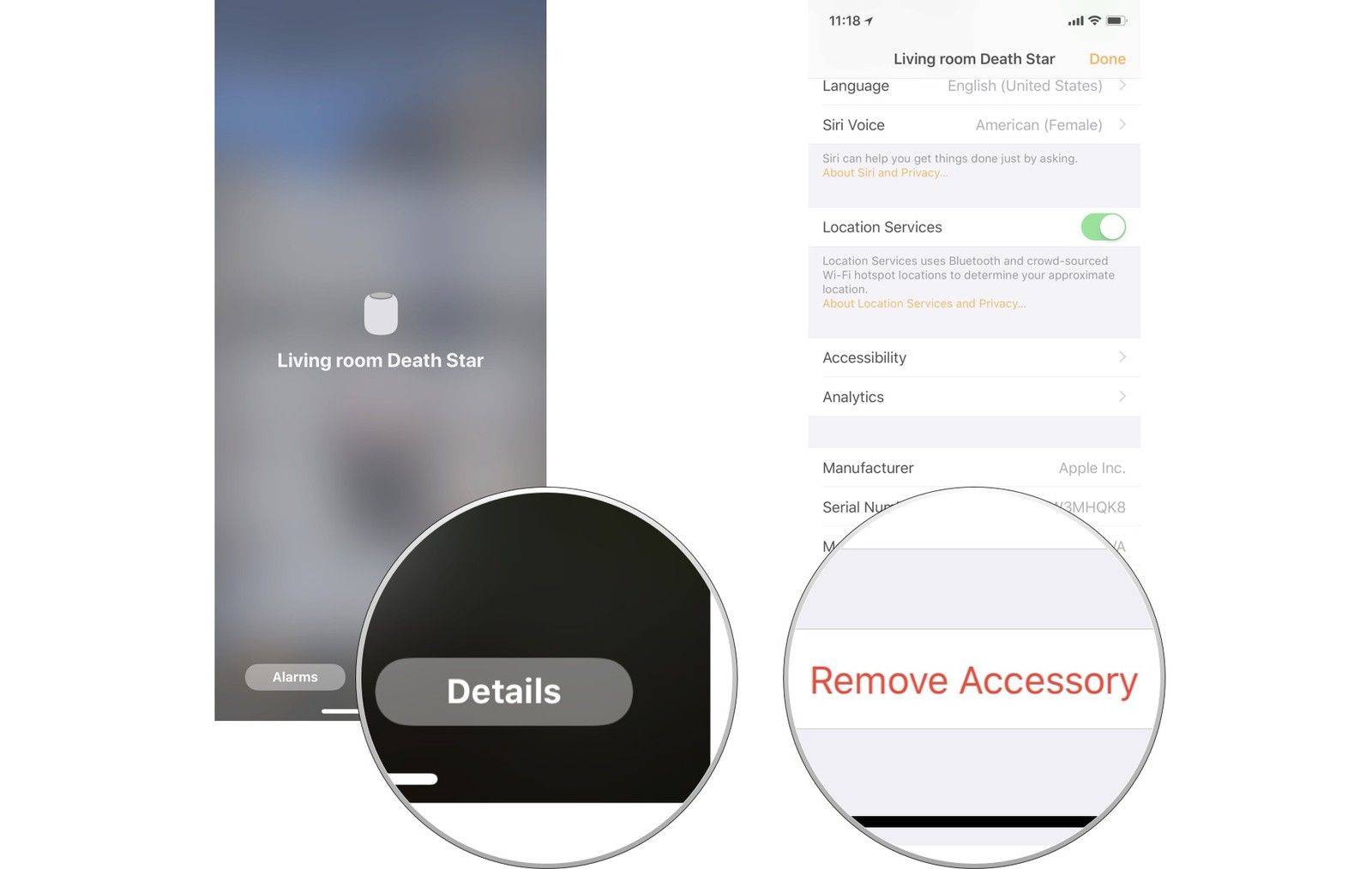 Нажмите «Детали», затем нажмите «Удалить аксессуар».