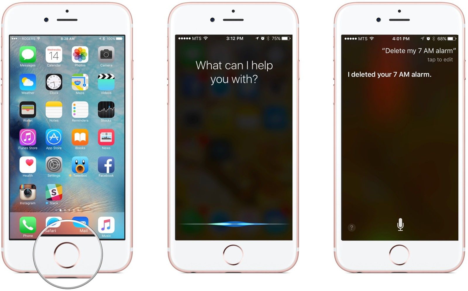 Удерживайте кнопку &laquo;Домой&raquo;, Скажите удалить будильник