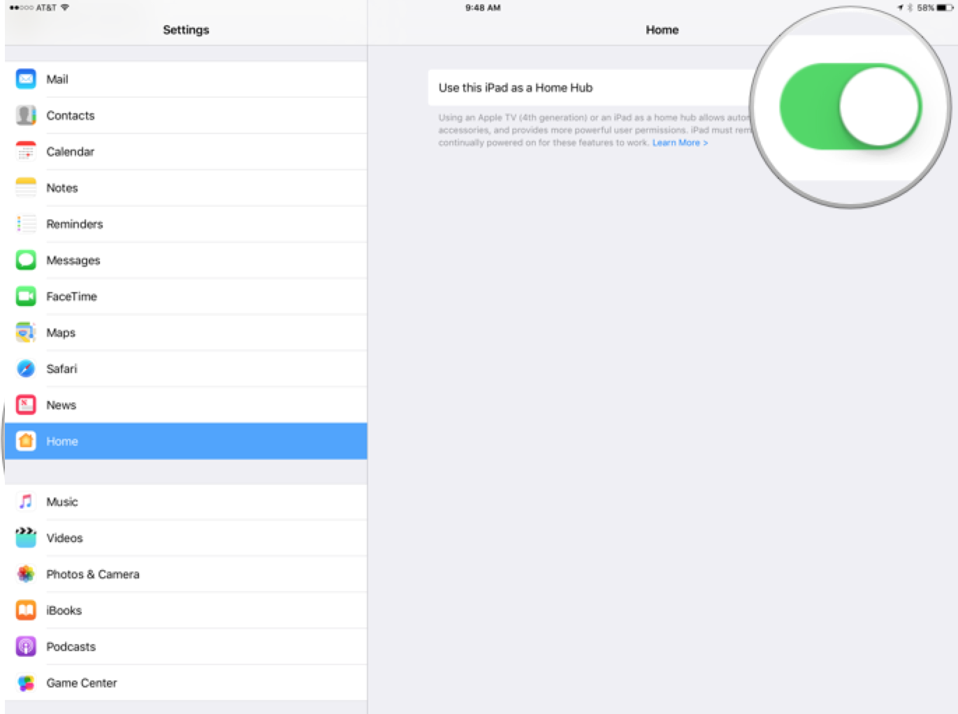 Нажмите на переключатель, чтобы включить использование этого iPad в качестве домашнего концентратора.