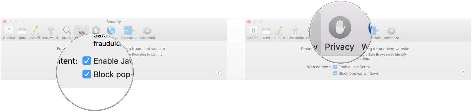 Нажмите Блокировать всплывающие окна, нажмите Конфиденциальность.