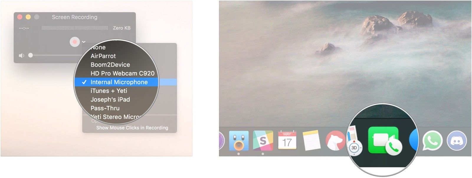 Нажмите Внутренний микрофон, откройте FaceTime
